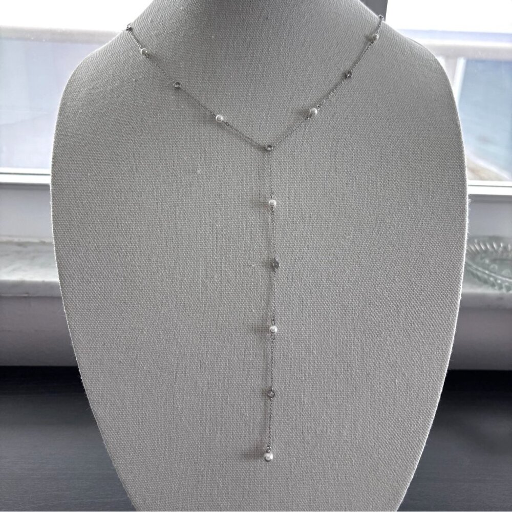 Silver Y-Shaped Necklace With Pearls & Crystal Accents 18 Inches Adjustable Chai